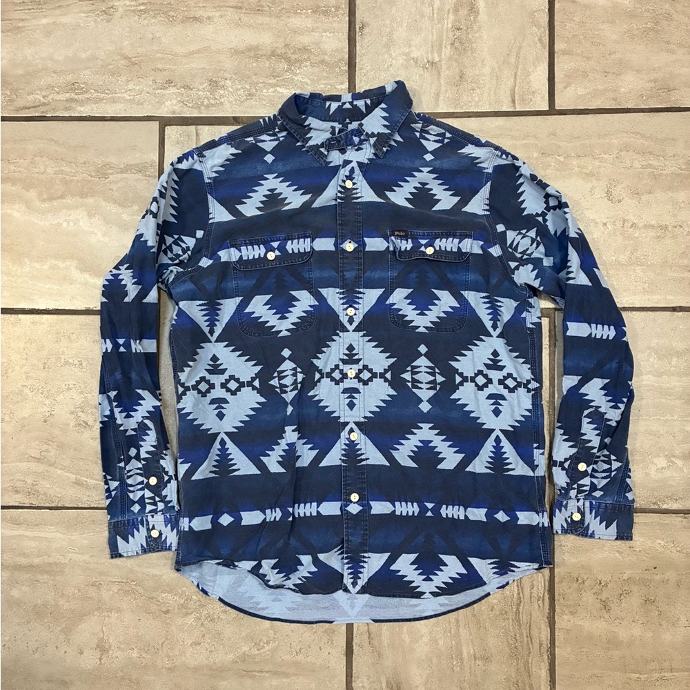 Polo Ralph Lauren blue Aztec patterned button up shirt Classic Fit XL